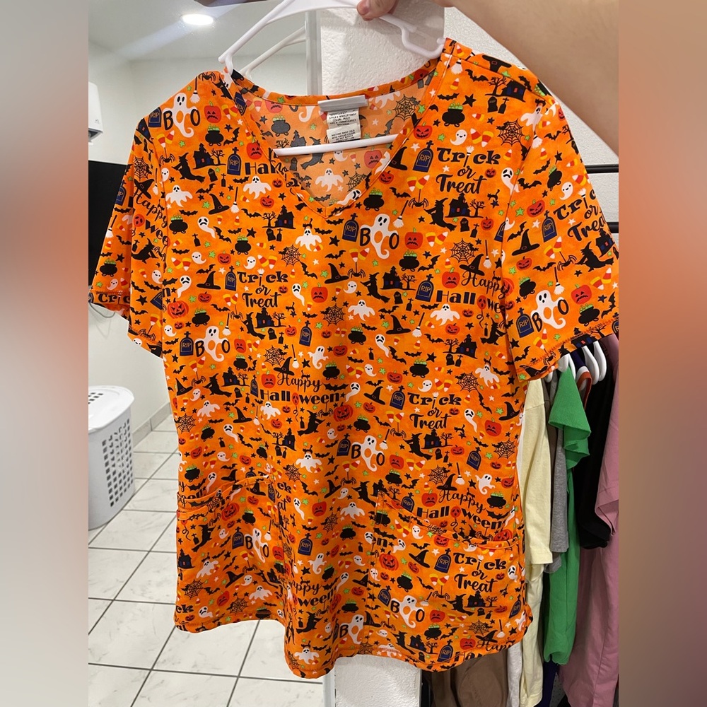 Halloween Themed Orange Scrub Top